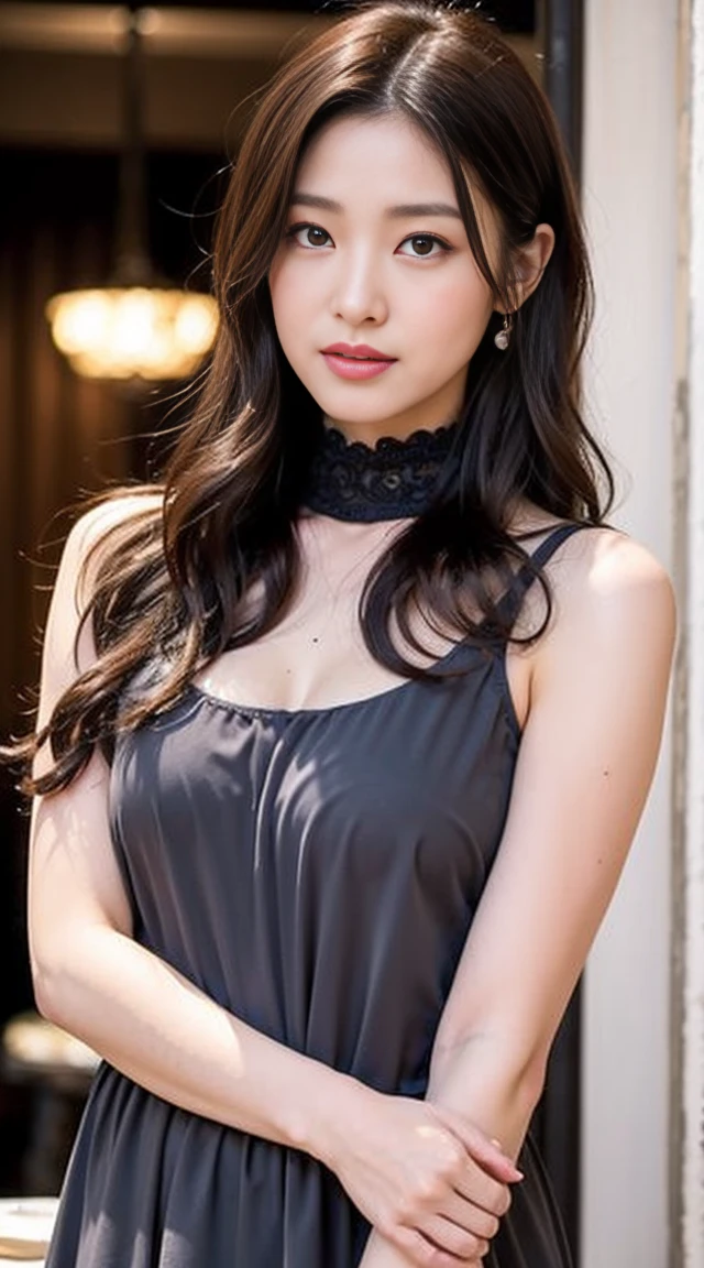 dark brown hair、Light brown eyes、The face of the Japan actress、 Lady、Face about 40 years old.、(intricate-detail:1.2)、(top-quality:1.4)、 (超A high resolution:1.2)、超A high resolution、(A detailed eye)、(detailed facial features)、nffsw、8K resolution、D-cup size breasts、Wearing a long black dress、Soft chiffon dress、High Neck Dresses、long、length hair、natta、The whole body is reflected、I'm going to eat at a restaurant、