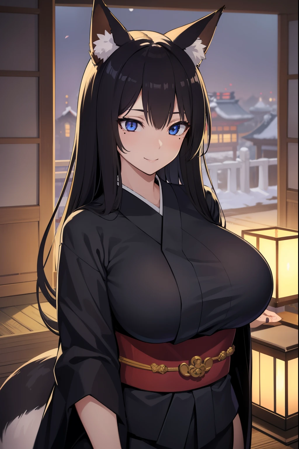 animal ear fluff, Animal ears, Fox ears, fox lady,   A MILF, Moles around the eyes, Fox tail, long-haired black color, tail, Black kimono, Huge breasts pushing up the kimono, Sexy smile, In a Japanese-style room, in night,looking at the spectator, 
BREAK (masutepiece:1.2), Best Quality, High resolution, Unity 8k壁纸, (Illustration:0.8), (Beautiful detailed eyes:1.6), extra detailed face, Perfect Lighting, extremely details CG, (Perfect hands, Perfect Anatomy),Upper body portrait