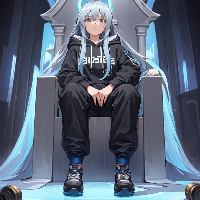 1girl,blue gray long hair,solo,laying downon a throne,blue eyes,wearing over size hoodie,serious,goddess,woman,black baggy pants,rubber shoe,20 years old, disappointed face