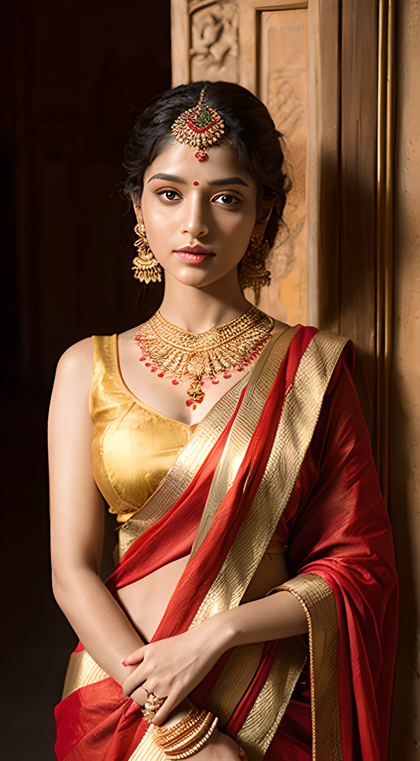 Portrait of a 22-year-old Indian woman draped in a vibrant red silk saree, standing against a backdrop of traditional Indian architecture, adorned with intricate henna patterns on her hands. The scene is lit with warm, golden hues, enhancing the richness of the silk fabric and casting a soft glow on her features, Elegant, warm lighting, inspiration from the works of Raja Ravi Varma for capturing the essence of traditional Indian beauty and elegance,  warm tones