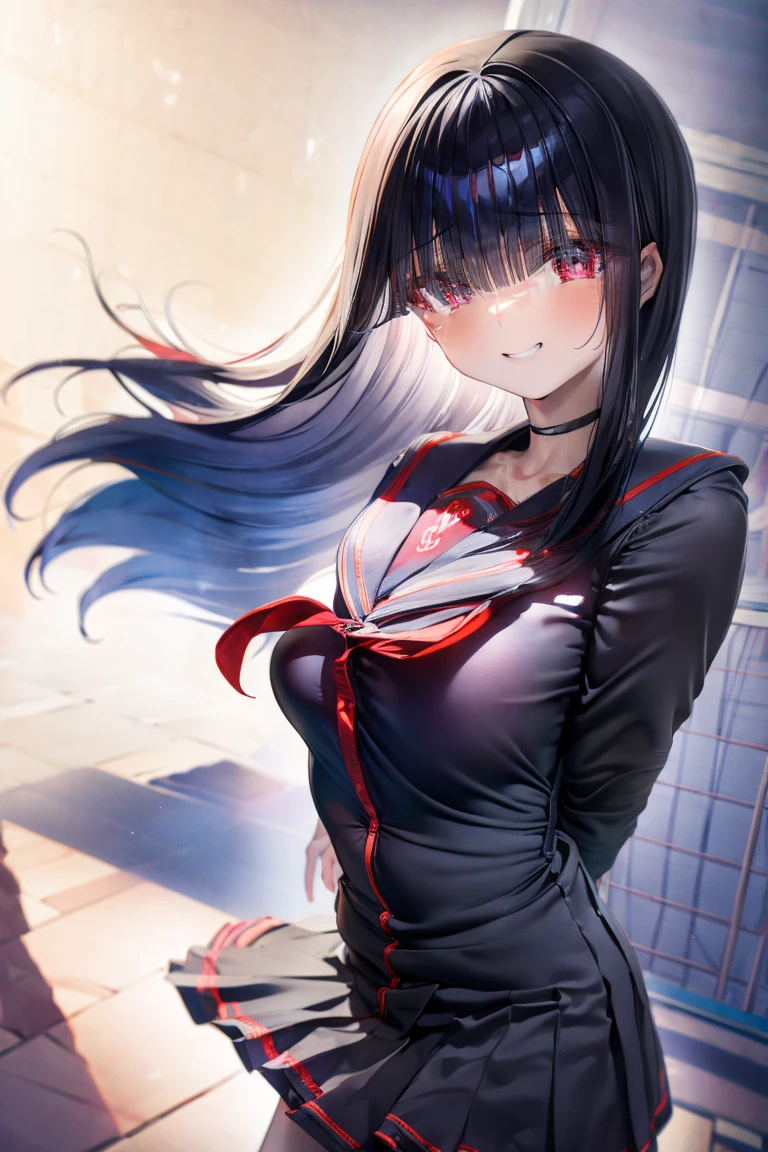 School uniform,Black Hair,at the classroom,daylight,long-haired,Lifelike hands,Red Eyes,thumb,pretty smile