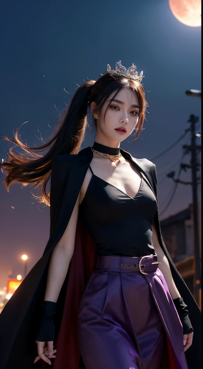 vampire queen, perfect body shape, small breast, battle skirt, (royal cape:1.1), main color is matte black, secondary color is purple, sexy and devil aura, original character, masterpieces, seducing purple pupil, (multi color high pony tail 1:1.2), walking under blood moon and middle of the destroyed city street, purple gem accessories, golden belt, golden necklace, windy and evil effect, soft moon light focus, corruption, extremely delicate and beautiful eyes, messy bang, unique crown