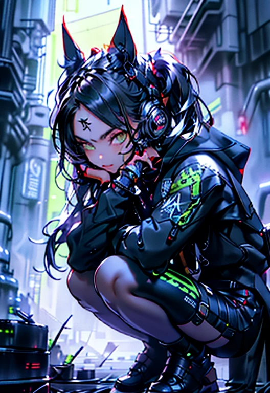 a Nekomata catgirl, solo, white ((twintail hair)), red iris (eyes), slender body, slender hips, Thicc thighs, big breasts, nipple contours, wearing full black ((heavy cyberpunk armor)) with red lighting, (black tech jacket)), white cat ears, white cat tail, science fiction, cyberpunk city in the background, black ((Skin Tight Armored leotard with red lights)) In the Style of Cyberpunk 2077, in a crowded cyberpunk city, squatting towards the viewer, legs parted, visable cameltoe, visable vuvla,  Ultra realistic photo, masterpiece, best quality, CG, wallpaper, HDR, high quality, high-definition, extremely detailed, {beautiful detailed face}, {beautiful detailed eyes}, (detailed light){{intricate detail}}, {highres}, ((detailed face)), Red lights, chiaroscuro, key visual, intricate detail, highly detailed, breathtaking, vibrant, cinematic