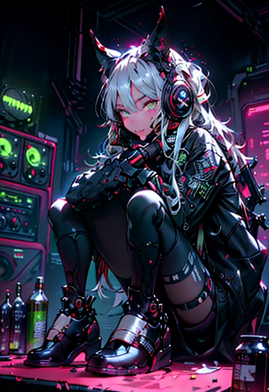 a Nekomata catgirl, solo, white ((twintail hair)), red iris (eyes), slender body, slender hips, Thicc thighs, big breasts, nipple contours, wearing full black ((heavy cyberpunk armor)) with red lighting, (black tech jacket)), white cat ears, white cat tail, science fiction, cyberpunk city in the background, black ((Skin Tight Armored leotard with red lights)) In the Style of Cyberpunk 2077, in a crowded cyberpunk city, squatting towards the viewer, legs parted, visable cameltoe, visable vuvla, Ultra realistic photo, masterpiece, best quality, CG, wallpaper, HDR, high quality, high-definition, extremely detailed, {beautiful detailed face}, {beautiful detailed eyes}, (detailed light){{intricate detail}}, {highres}, ((detailed face)), Red lights, chiaroscuro, key visual, intricate detail, highly detailed, breathtaking, vibrant, cinematic