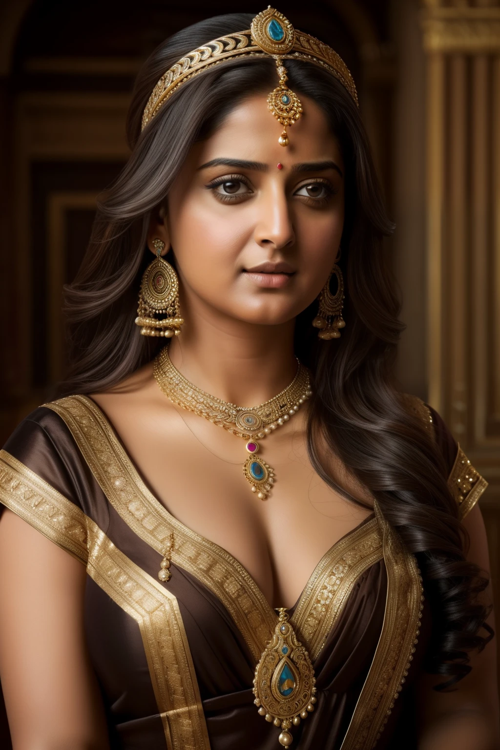 Looks like Anushka Shetty, (piece of master), (best quality), cinemactic, photorealism, rendered, Realistic, ultra detailed, perfect face, portrait frame, chest up, Greek princess, 30 year old woman, ancient princess, brown eyes, detailed dress, necklaces , accessories, earrings, a beautiful ancient princess, dark hair, front, beautiful