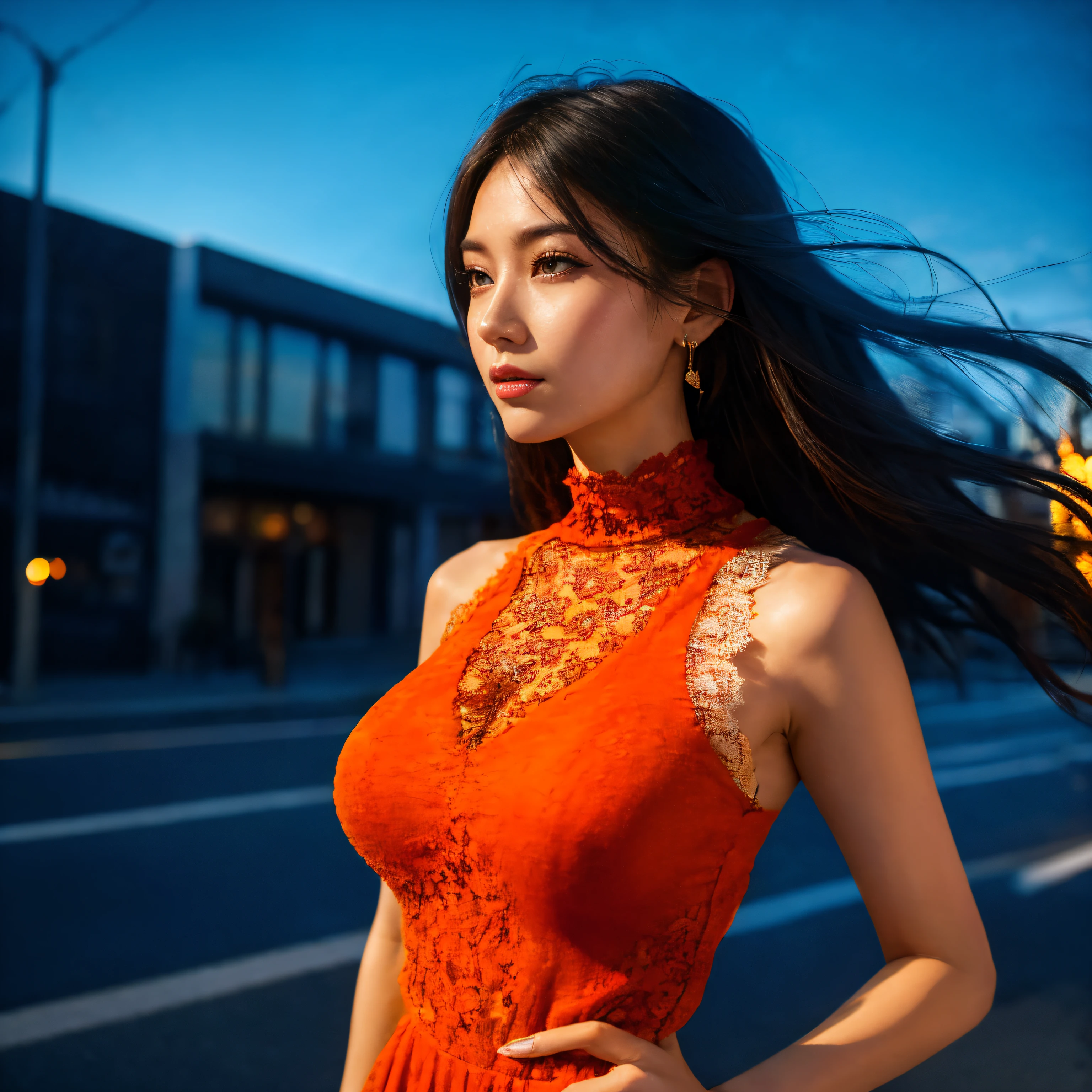 a woman posing on the street corner with light orange dress on, best quality, high res, 8k, 1girl, (huge breasts), day, bright, outdoor, (street:0.8), (people, crowds:1), (lace-trimmed dress:1.5, light orange clothes:1.5, orange high-neck dress:1.5, sleeveless dress, orange dress: 1.5), gorgeouedium hair), beautiful detailed sky, beautiful earrings, (dynamic pose:0.8), (upper body:1.2), soft lighting, wind, shiny skin, looking at viewer,