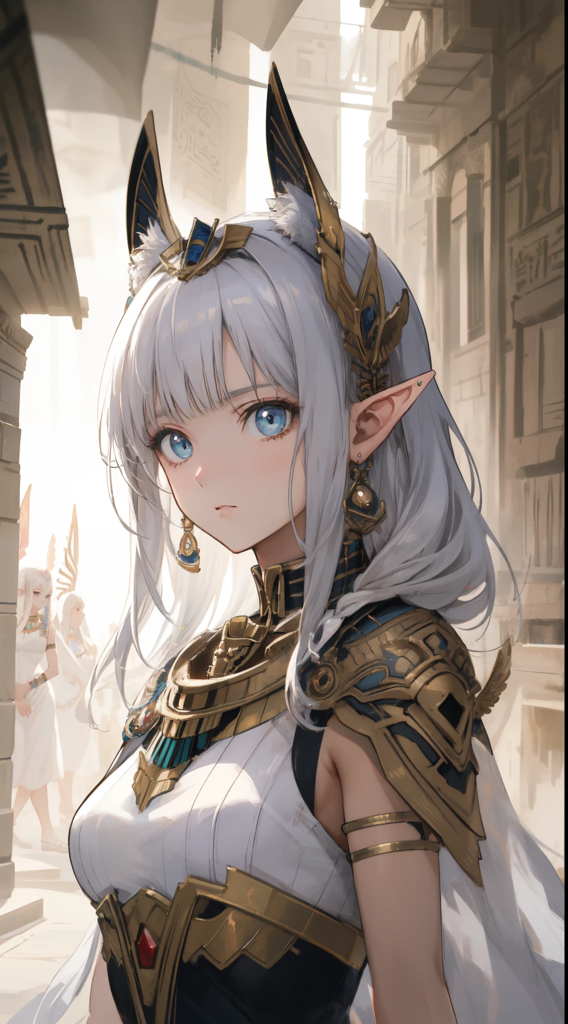 ((Best quality, 8k, Masterpiece :1.3)), young elf woman,  Bangs, sidelock, Braid, silver hair, bright eyes, egypt concept, Egyptian clothing, Ornate bracelet, with an egyptian embroidered, white dress, sweet expression,perfect face, detailed eyes, arches, middle east egyptian town, dynamic composition, craig mullins, (dynamic angle), (depth of field:1.2), intricate insanely detailed,sharp focus,aestheticism,art by Artgerm, by wadim kashin, by Kawacy, by Yusuke Murata