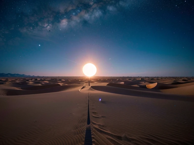 An inverted hemisphere placed in the vast desert,There are five light balls rising in parallel behind