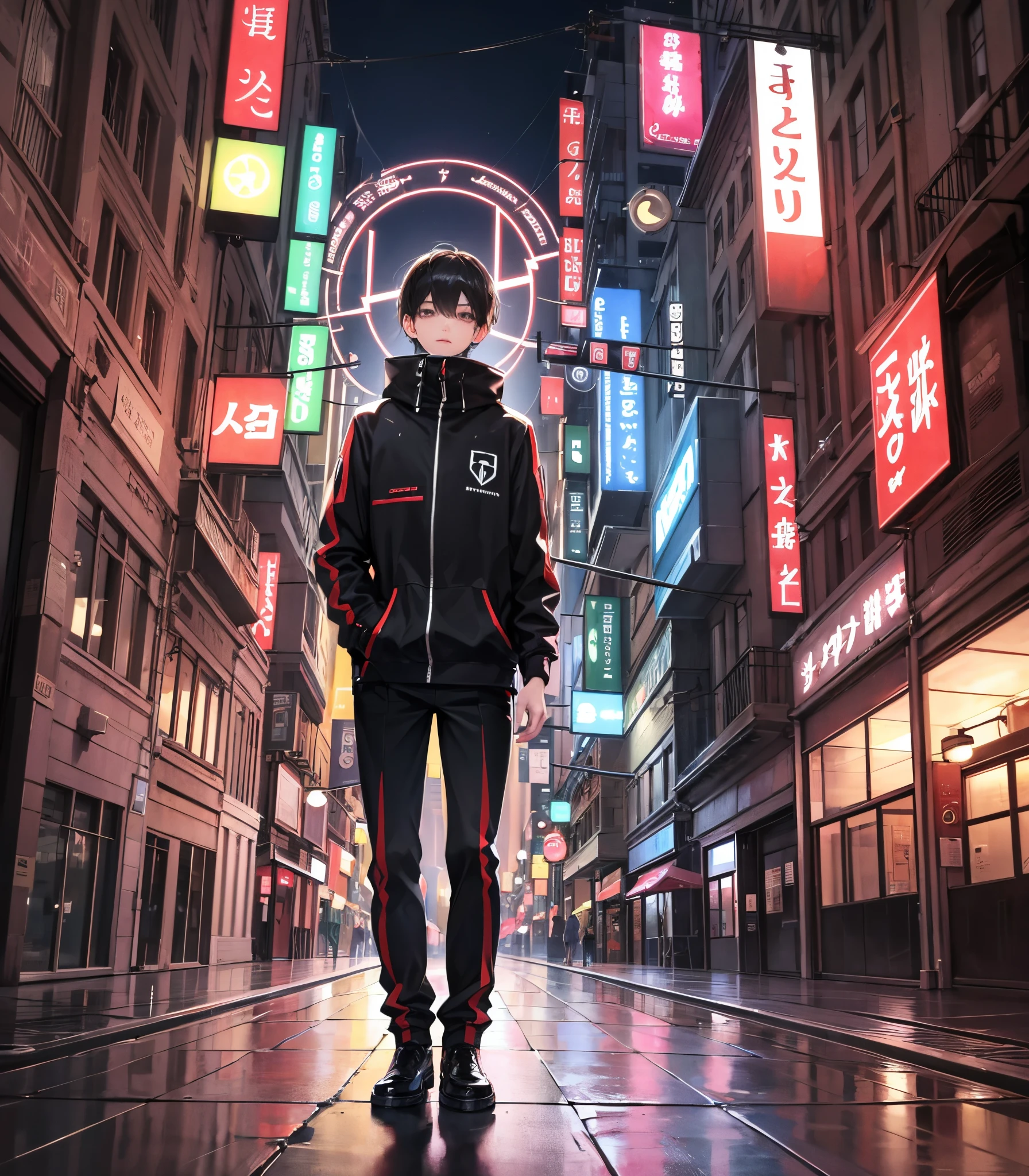 A boy in front of a 3d watercolor abstract,dark background,high resolution,high quality,colorful( cyberspace_background ), a person standing on a city street at night --auto --s2