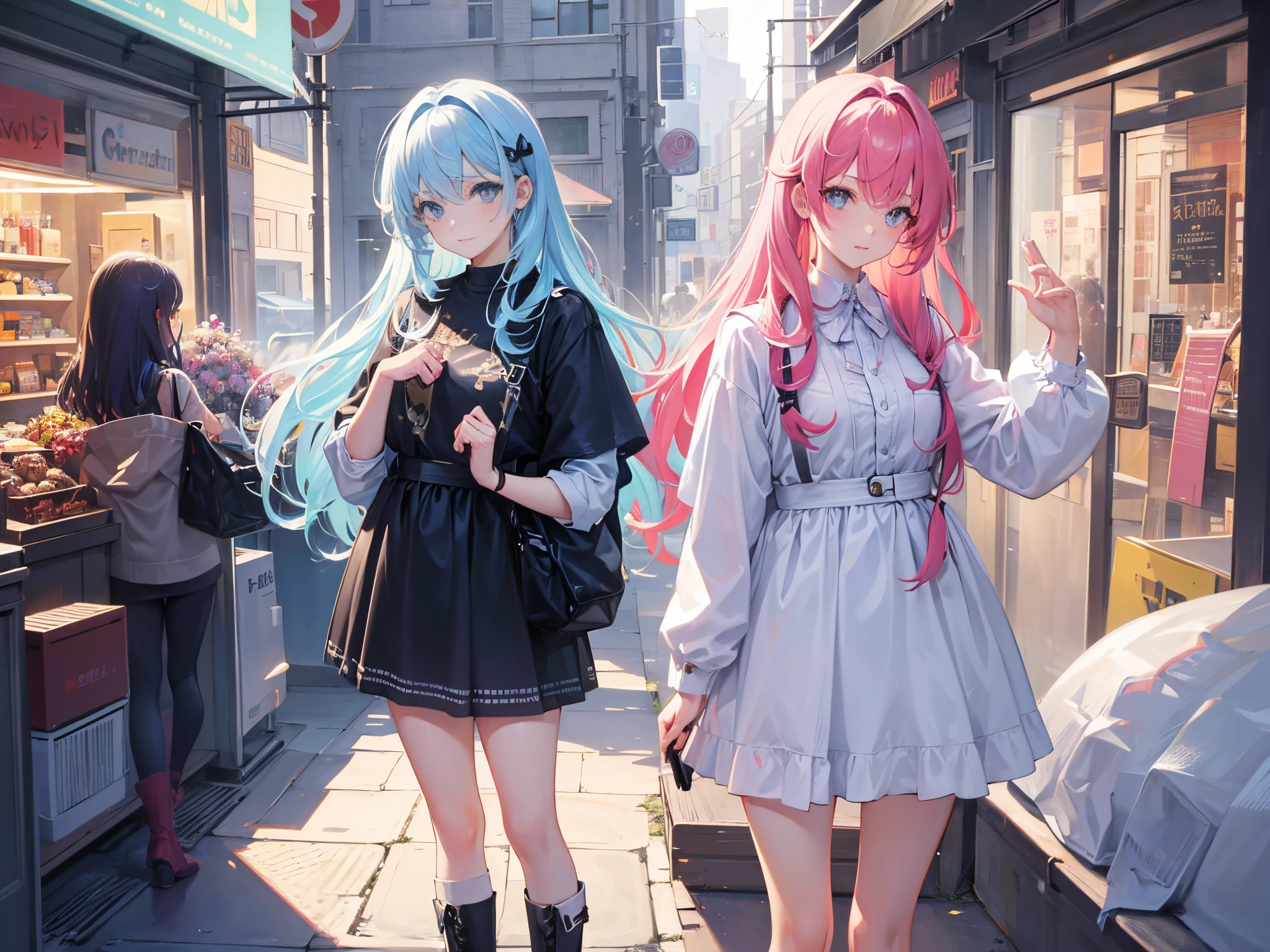 female twins, hair styles different, hair colors different, iris colors different, outfits different,