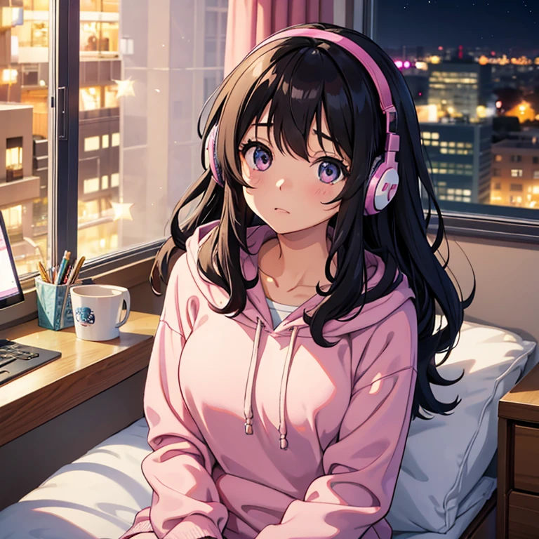 Anime; Manga; Surreal. Beautiful Disney style eyes, cozy and messy bedroom, the cutest college mixed race girl named Laura Martinez, wearing a pale pink hoodie and headphones, with wavy black hair. Sitting at desk and studying in messy cozy dorm room, surreal, perfect, no imperfections, 4K, sad, suffocating, surreal, night, big windows in big city, pastel Girly tonal colors, string lights, bokeh