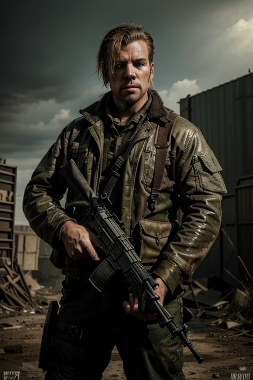post apocalyptic military man and an Apocalyptica rifle in his hands. ((best quality)), ((masterpiece)), (detailed)