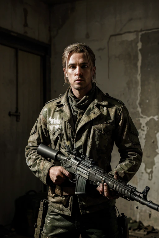 post apocalyptic military man and an Apocalyptica rifle in his hands. ((best quality)), ((masterpiece)), (detailed)