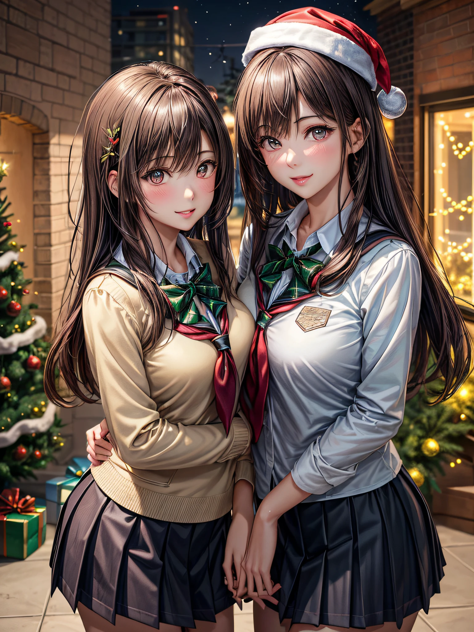 (2girls:1.4), Extremely cute, amazing face and eyes beautiful nice smile), (extremely detailed beautiful face), bright and shiny lips, (School uniform, Pleated skirt:1.3), (Best Quality:1.4), (hyper quality), (Ultra-detailed), (Hyper-realistic, Photorealsitic:1.37), Authentic skin texture, intricate-detail, extremely detailed CG unified 8k wallpaper, RAW Photos, professional photograpy, Cinematic lighting, Exposing, Christmas tree, Christmas Ornaments, Christmas Decorations, Christmas Lights, Christmas Lights,