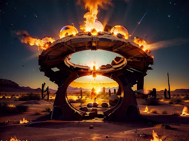 Desolate desert,There an upside-down hemisphere in the middle,There are five fireballs rising from behind
