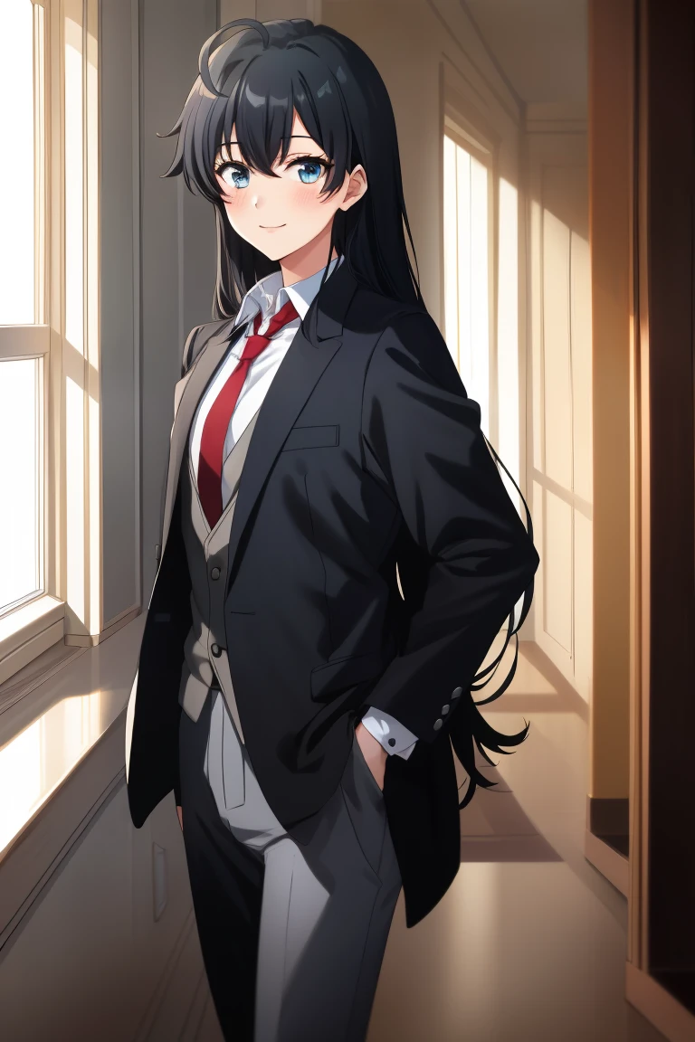 (Masterpiece: 1.6, Best Quality), (Fine Beautiful Eyes: 1.2) , yukinoshita_yukino, 1girl, ahoge, black hair ,(Masterpiece, Best Quality), (Fine Beautiful Eyes), (highres) , Yukinoshita yukino , woman in formal attractive suit tuxedo tailcoat standing in a large alcove in the room, 1girl, solo, necktie, black hair, blue eyes, long hair, smile, jacket, looking at viewer, shirt, pants, blue necktie, collared shirt, white pants, white shirt, indoors, bangs, long sleeves, closed mouth, window, black jacket, blush, cowboy shot, formal, suit, full body