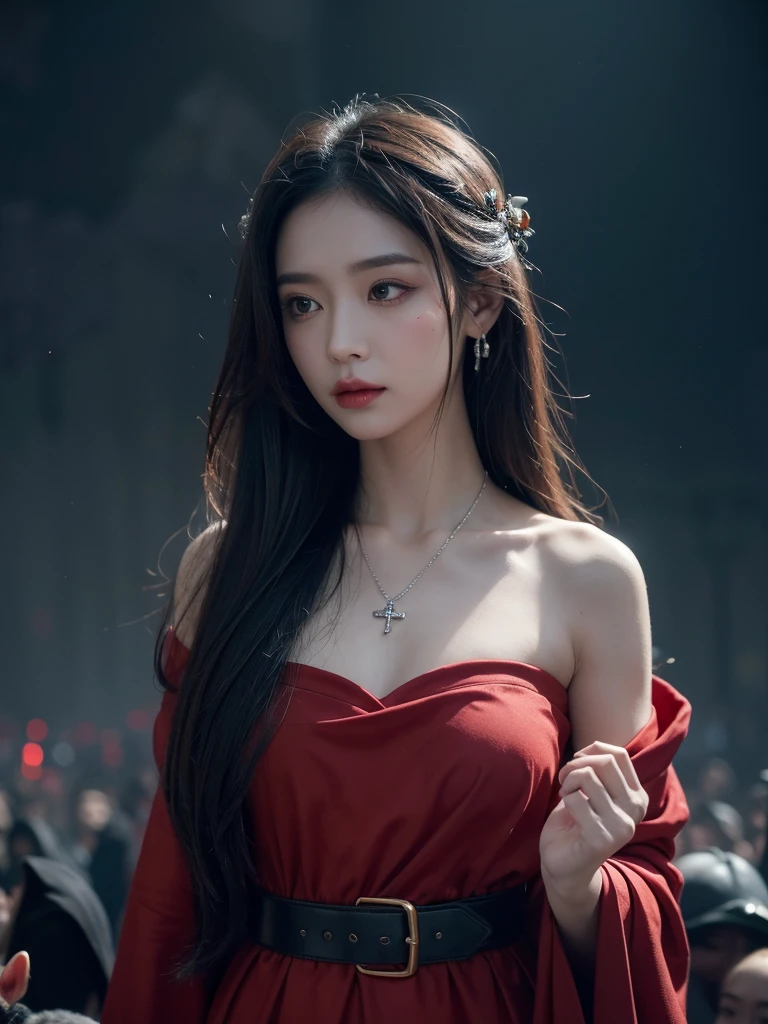 Woman in red traditional Thai dress, strapless thai traditional dress, Brown Dresses, thai traditional necklace, thai traditional belt, thai traditional earring, strapless thai traditional dress, Plague Doctor'Judgment of、origin of humanity、underworld、The catastrophic world of death、Blood rain、Covered in blood......, Women with long hair, Makeup reminiscent of the devil, A face that looks like that ;Sewn together with the mouth closed......、Demons ;corpse of, Black Clothing, fearful, Dark circles under the eyes, loneliness, Die in hell, darkness, Stylish necklaces and accessories, The catastrophic world of death、Hell、dust fluttering、dust、There are many crows and vultures in the sky......、Dark clouds, loneliness, darkness, Stylish necklaces and accessories, Look up at the sky......, land of death, end of the world, reminiscent of death, The crow flapped its wings and floated away the debris..、Devil face、World of the Dead、grave marker of the cross、Highly detailed facial and skin texture、 detailed eyes、二重まぶた, finely detail, master-piece, 最高品質, ultra-detail, masterpiece,bestquality, Stills from the dark fantasy film from 0 Seconds..,(soothing tones:1.5),blending, mid shot, bokeh, (HDR:1.4), master-piece,idea, 10, HD, (motion picture, red & black :0.85), audience'The face of s, dramatic pose