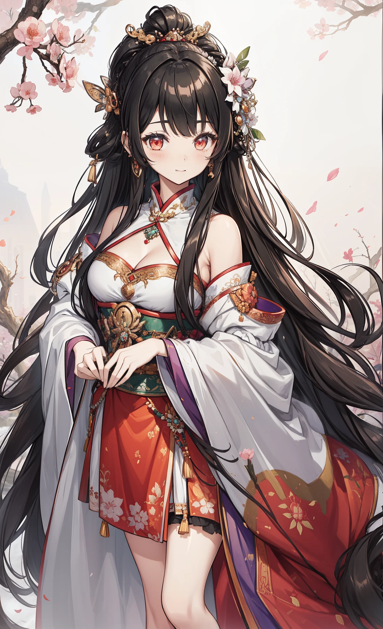 (tmasterpiece:1.2),Atdan, 1 plump girl, Alone, Branch, flowers blooming, jewely, a skirt, ear nipple ring, that tree, through bangs, Long gray hair, hair adornments, view the viewer, Chinese clothes, black hair color hair, hairflower, Brown hair, shoulder, Very long hair, Wide sleeves, longer sleeves，Crimson eyes，Can be cute love