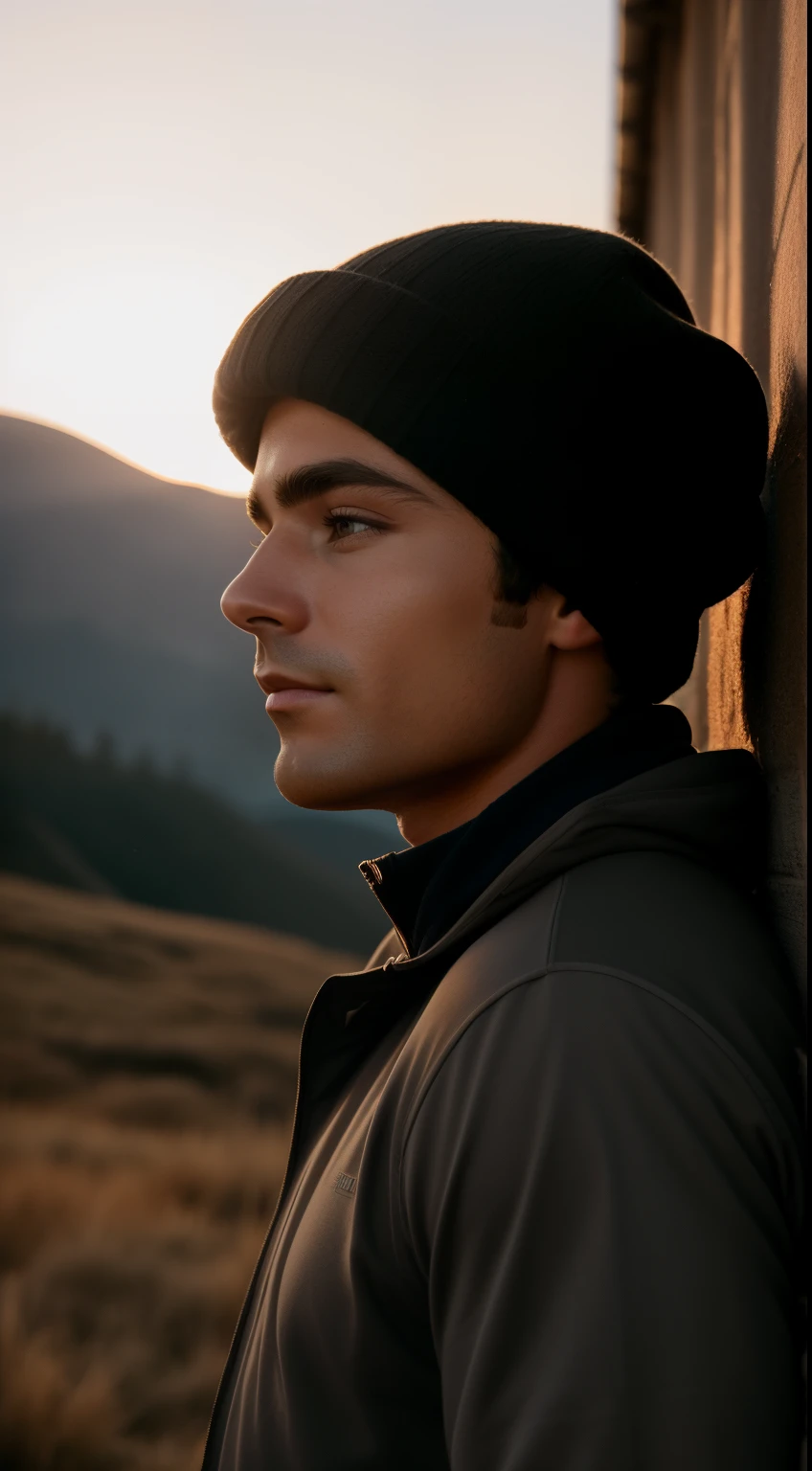 male portrait, beautiful face, perfect face, deliberate, masterpiece, best quality, highest quality, cinematic lighting, very beautiful, ultra realistic, beautiful, outdoors, (night), mountains, nature, (stars, moon) cheerful, happy, backpack, sleeping bag, camping stove, water bottle, mountain boots, gloves, sweater, hat, flashlight, forest, rocks, river, wood, smoke, shadows, contrast, clear sky, analog style (look at viewer:1.2) (skin texture) (film grain:1.3), (warm hue, warm tone:1.2), close up, Zac efron, cinematic light, sidelighting, ultra high res, best shadow, RAW, upper body, wearing pullover