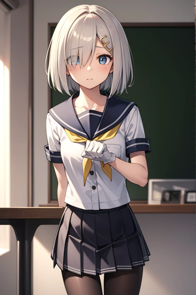 hamakaze, hamakaze, blue eyes, grey hair, hair ornament, hair over one eye, hairclip, short hair, short hair,
BREAK black pantyhose, buttons, gloves, grey sailor collar, grey skirt, hairclip, neckerchief, pantyhose, pleated skirt, sailor collar, school uniform, serafuku, skirt, white gloves, yellow neckerchief,
BREAK looking at viewer,
BREAK indoors, classroom,
BREAK (masterpiece:1.2), best quality, high resolution, unity 8k wallpaper, (illustration:0.8), (beautiful detailed eyes:1.6), extremely detailed face, perfect lighting, extremely detailed CG, (perfect hands, perfect anatomy),