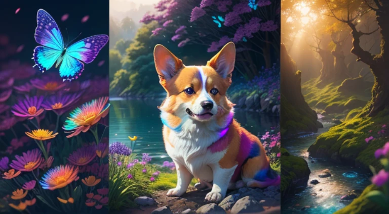 Welsh Corgi, Enchanted mystical forest, neon-colored butterflies, pure blue water river spring, golden mini fairies, glowing mushrooms releasing pollen, extremely beautiful landscape, (ultra-realistxtremely detailed 8k CG unit wallpaper}, expansive landscape photography, (a low view that prioritizes the entire scene, (wide open field view), (low angle shot), (high light: 1.5), (low light: 1.0), (warm light source: 1.0), complex details, (iridescent colors: 1.5), (bright lighting), (atmospheric lighting), nature, magical, landscape