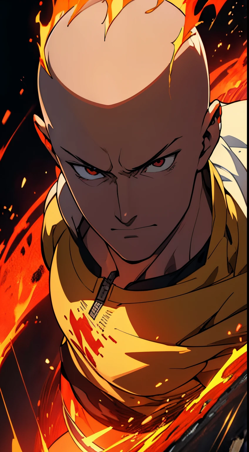 Get ready for a visual feast with Saitama's relaxed, handsome face and piercing red eyes. wear t-shirt. In his transformed state, he radiates extreme instinct and power, creating an epic film about this energetic man. See how he manipulates fire and lava in stunning anime artwork that will blow your mind. This concept art comes straight from the Bleach Universe, with manga-style 8k wallpapers that will transport you to another dimension. Get ready to be amazed by this detailed work of digital anime art, representing the ultimate combination of style and power.