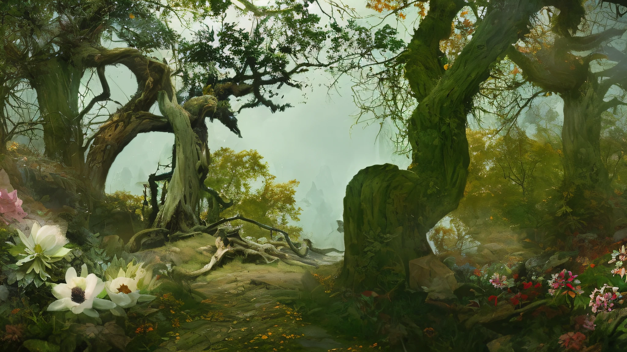 There a painting,The painting a forest with flowers blooming, Kelsang flowers,Daisies,steampunk forest background, Plants should be arranged in a way that creates a sense of adventure and exploration, roger dean and jenson, Organic matte paint, Dota Matte Painting Concept Art, that tree. Matte painting, Fantasy forest landscape during daytime, Ancient Elf Wood, Matte Painting Arcane Dota Pixar, elf forest background, Dotteret! matte painting concept art, fantasy overgrown world,Makoto Shinkai's style,Mysterious light and shadow,extremly high detail, k hd, tmasterpiece, Best quality, (Very detailed CG unified 8k wallpaper)