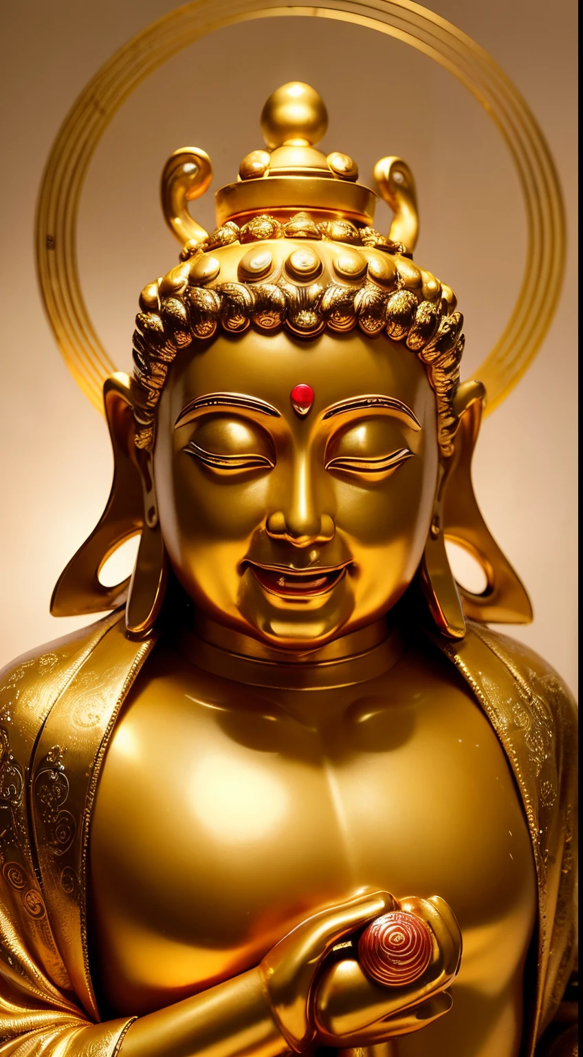 masterpiece, best quality, highres,fantastic,upper body,1 old god men,Seven Lucky Gods,benzaiten,daikokuten,Buddhist statue sculpture, bald, smile, shining background,halo,golden color,golden kimono,Japanese clothing,clothes,holiness,smiling face