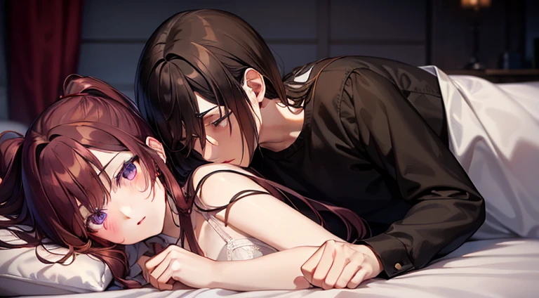 styles, masterpiece, top-quality, Special details, illustratio, Romance, a couple,reddish, tenderness, inner strength,a bed,natta, At night,Love atmosphere white and red tones, Blissful, Girl brown hair, Purple eyes, poneyTail, a couple, date, Profile of a man with black hair,Purple eyes,