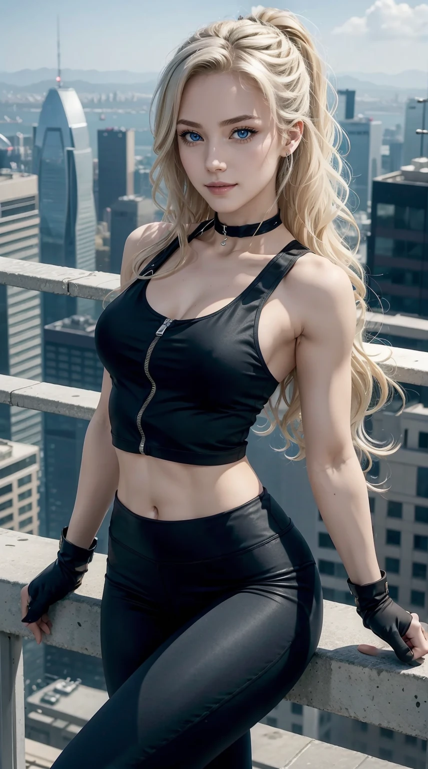 25-year-old Caucasian woman、platinum-blonde、blue eyess、Semi-long、My hair is wavy、Hair is tied up、accessories on the wrist、wearing a choker、My abs are cracked、a smile、slim muscular body、I don&#39;t want my head to disappear from the screen.、wearing a zipper-up tank top、wearing low-rise leggings、Leaning on the railing on the roof of a skyscraper and looking through binoculars、Wearing gloves without fingertips