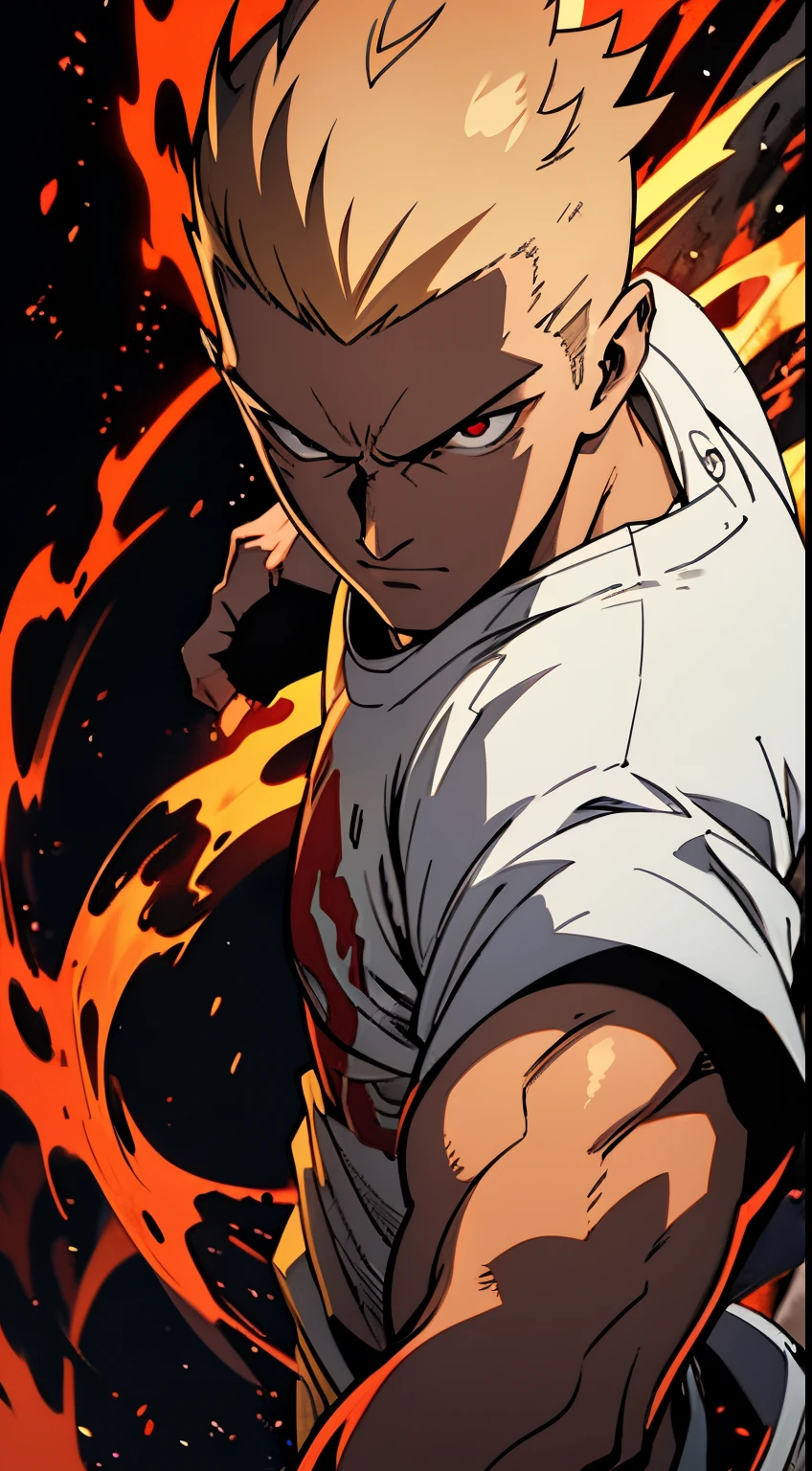 Get ready for a visual feast with Saitama's relaxed, handsome face and piercing red eyes. wear t-shirt. In his transformed state, he radiates extreme instinct and power, creating an epic film about this energetic man. See how he manipulates fire and lava in stunning anime artwork that will blow your mind. This concept art comes straight from the Bleach Universe, with manga-style 8k wallpapers that will transport you to another dimension. Get ready to be amazed by this detailed work of digital anime art, representing the ultimate combination of style and power.