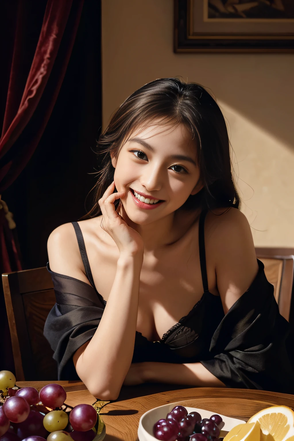 fruits,Grapes,Rosa,antique,A smile,,Sweet and seductive appearance.、Caravaggio's paintings、Chiaroscuro of Caravaggio,,Cute smile, Expression of ecstasy,erotick,A sexy,Seduce you,Underwear