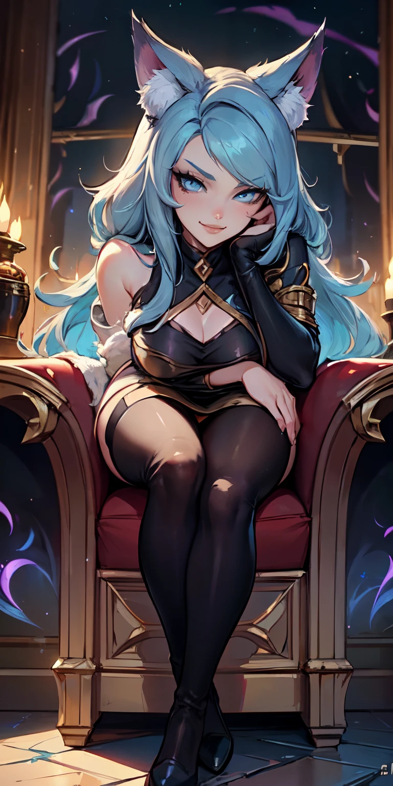 Masterpiece, 8k, art style by sciamano240, very detailed face, detailed clothes, detailed fabric, 1girl, ( Death sworn Katarina (league of legends 1.1)) beautiful face, asymmetrical long hair, light blue hair, exposed navel, black thigh boots, very detailed blue cat eyes, leather mini pencil skirt, cute smirk, looking at viewer, sitting on chair legs crossed, night, full body view , bar setting, seductive eyes,