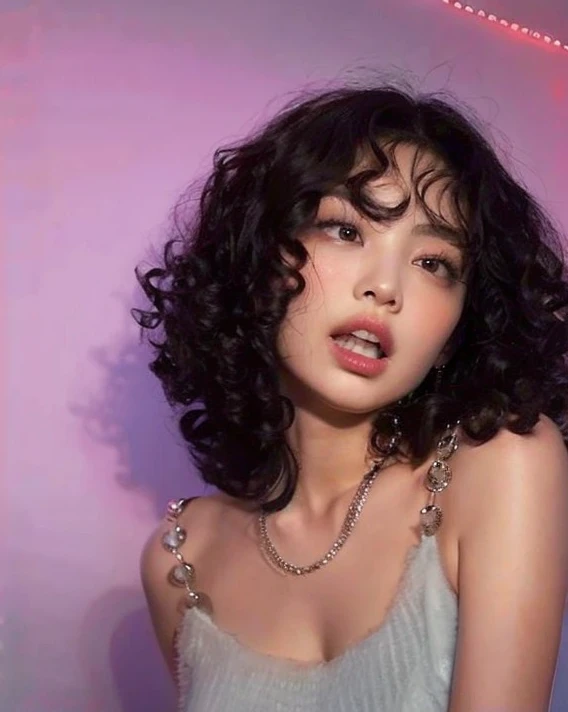 Rosto em forma de Jennie kim, mulher araffe com cabelos cacheados e um colar posando para uma foto, franja encaracolado, curly middle part haircut, encaracolado, com longos cabelos cacheados, franja encaracolado e rabo de cavalo, cabelos cacheados e curtos, com um perm encaracolado, curly hair, cabelos cacheados, cabelos curtos e cacheados, messy curly hair, com cacheado longo, cabelos negros cacheados, (cabelos cacheados escuros e curtos)