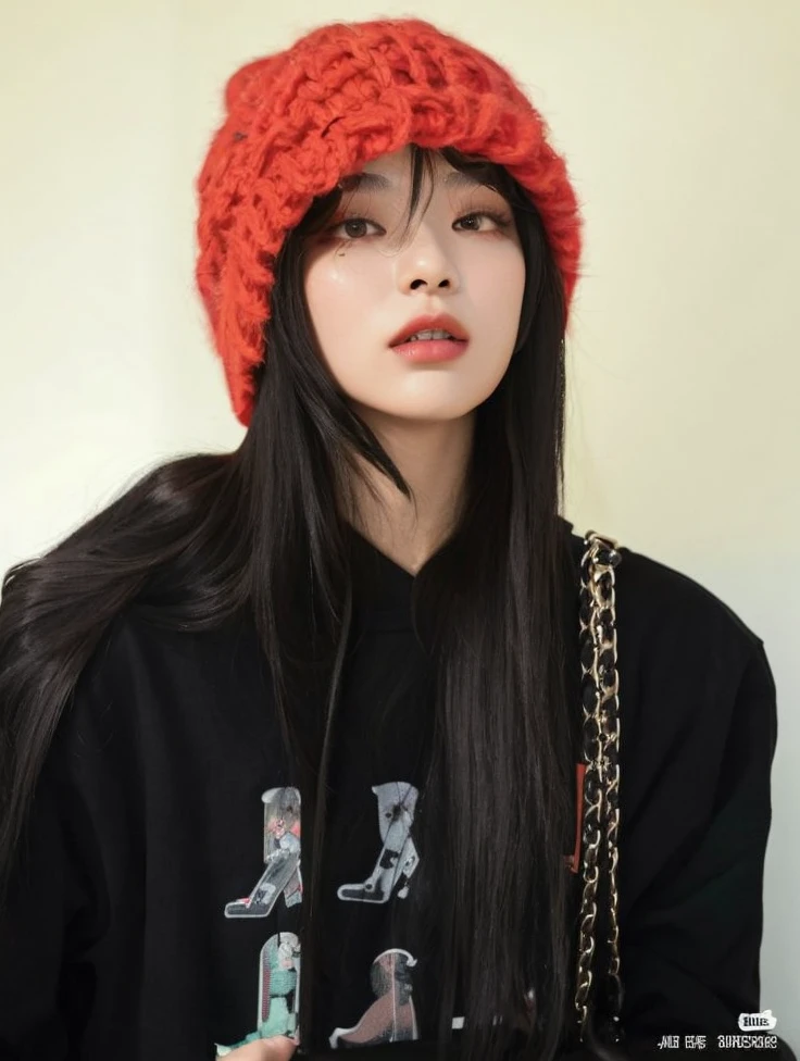 a close-up of a woman wearing a red hat and a black shirt, jossi do blackpink, Jisoo do Blackpink, Retrato de Jossi do Blackpink, Ela tem cabelo preto com franja, she's wearing streetwear, Ulzzang, Jisoo do Blackpink, Parque Roseanne do Blackpink, Jennie Blackpink, wearing a chocker and cute hat, Sui Ishida com cabelo preto