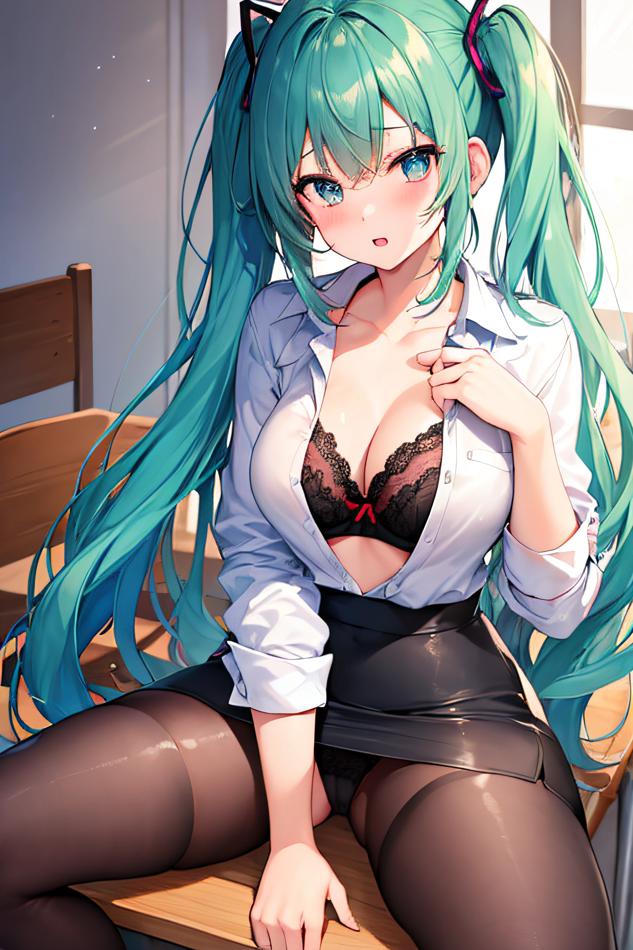 masterpiece、Top image quality、超A high resolution、NSFW、miku hatsune、blue hairs、Twin-tailed、Blushing、mock、Open your mouth just a little、Dress shirt with open chest、pencil skirts、firm breasts、well-shaped breasts、Bra、spread your legs wide、M-shaped spread legs、Panties、sitting at office desk with legs wide apart、Office、Night