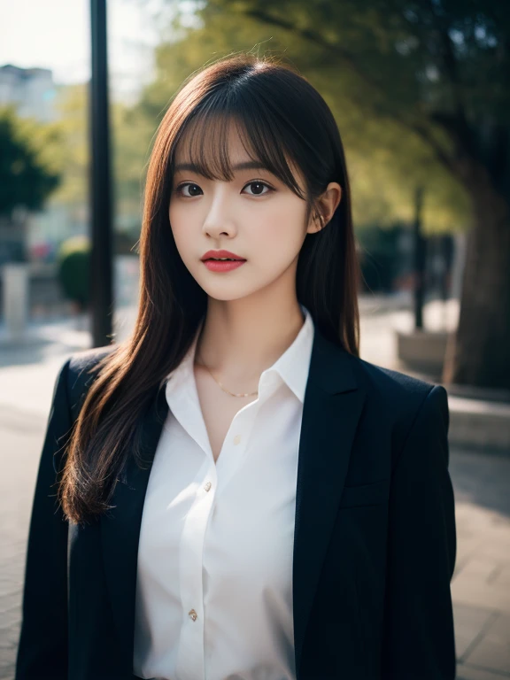 beautfull Japanease woman, top-quality, masterpiece, 1girl in, 美丽的面容, (photographrealistic:1.3), Rim lighting, (High Detail Skins:1.2), 8K UHD, Digital SLR, hightquality, hight resolution, 4K, 8K, bokeh dof, (realisitic:1.3), Wearing a black formal blazer, ample breasts, a short skirt, (Transparent blouse:1.1),