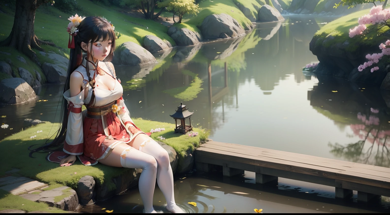 hanfu, 1girl, medium breasts, cleavage, mountain, soaking feet, sitting, Chinese park background,white thighhighs,Clear water,(feet:1.3), too many flowers,