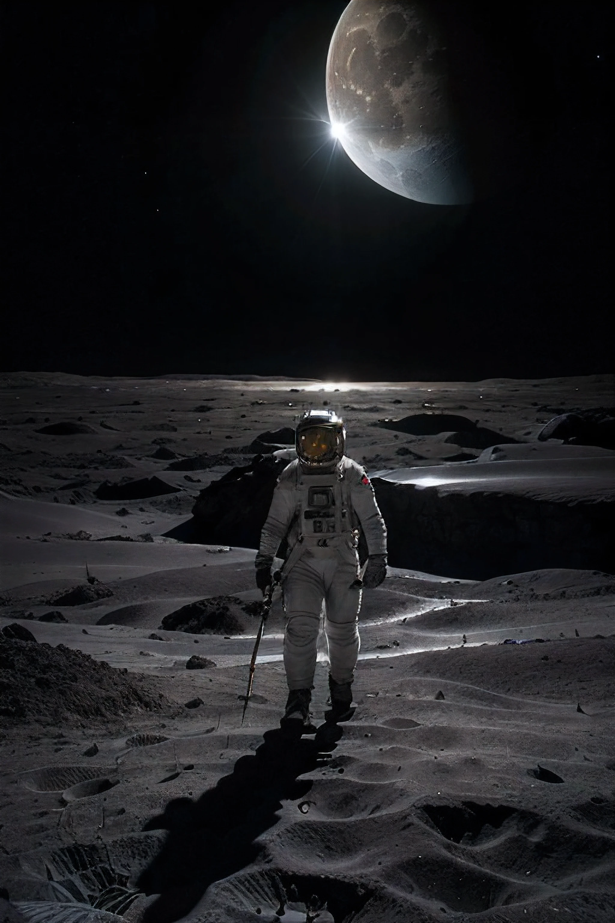 high quality,ultra-detailed,moon based,crater landscape,moonlight,glowing stars,space exploration,astronaut walking on the moon,silhouette of the Earth in the background,space suit shining in the darkness,scientific expedition,lunar terrain,rocky surface with dust clouds,scientific instruments,craters with sharp edges,subtle gradients of gray and white,cosmic perspective,a sense of isolation and vastness,peaceful and serene atmosphere,otherworldly beauty,extraterrestrial environment,soft shadows and highlights,crisp and clear details,immersive experience,stellar backdrop,solar eclipse,deep space,astrophotography
