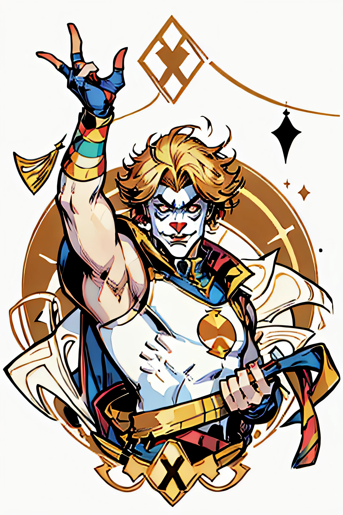 A handsome clown with short hair， There  a large golden X symbol in the background，white backgrounid