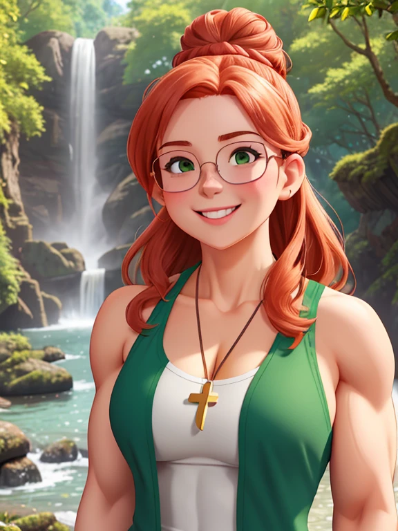attractive welsh woman, ripped muscle, muscular body, pale skin, smile(blush), sundress, sunglasses on her head, cross pendant, sixpack abs, [ultra detailed skin:1.2], ginger hair, green eyes, hair bun, 8k uhd, full body, crowd, public, forest, waterfall, standing,