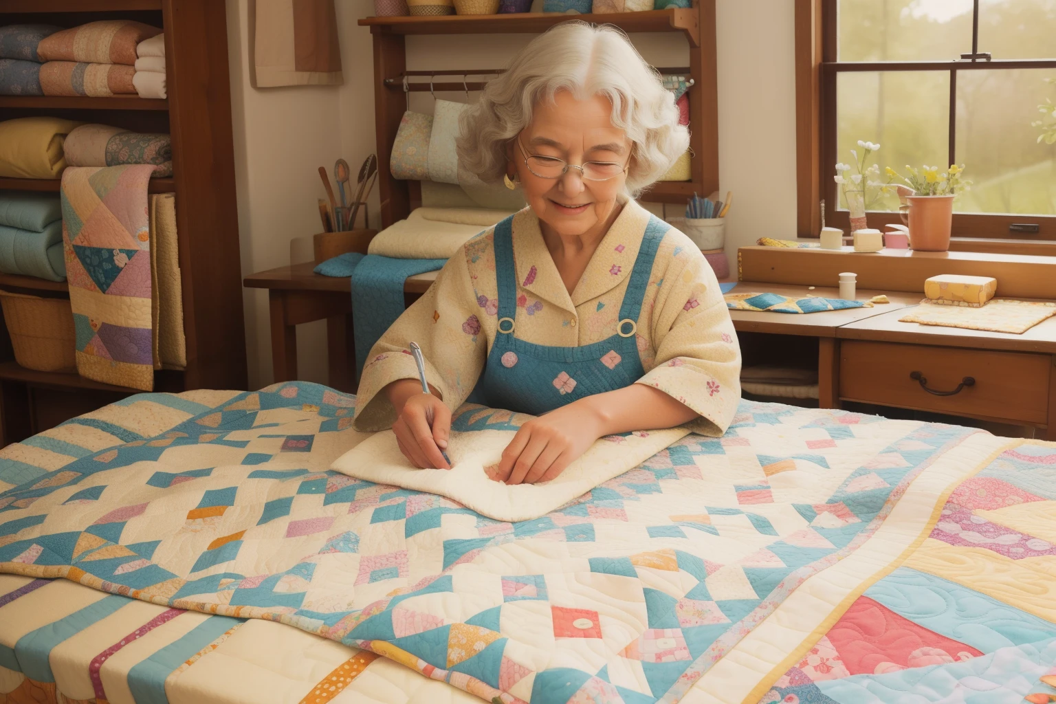 Setting: Daytime Cozy Quilting Bee with a Quilt Artisan.
*Description: Within a sunlit quilting studio, a quilt artisan in her late 50s, characterized by her silver curls and warm smile, guides a diverse group of quilters. Each character, including a freckled teenager with a passion for patterns, contributes to the colorful tapestry of everyday magic.