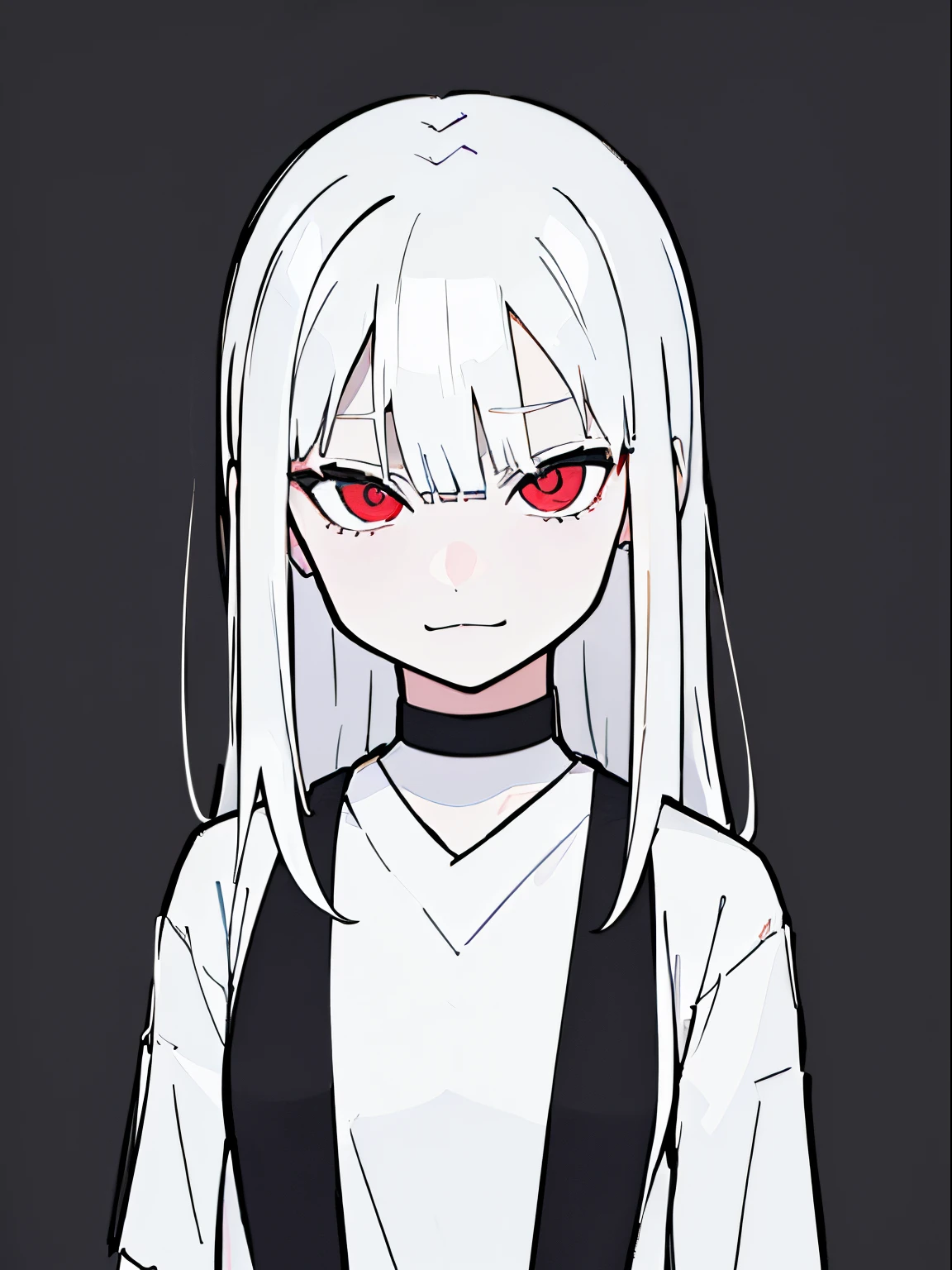 style of painting,(empty background),((Flat chest)),(Front Portrait), (Black and whature Women,((Microthorax)),(High cold),Hey, hey, smile,monochrome, blank stare, dead fish eyes, cool beauty,half lidded eyes, indifferent expression, black and white portrait, bored, impassive, loner,(Alone),Wispy bangs,Textured straight,Above the waist,((White Hair)),(Red Pupil),((White Shirt)),Shirt,Wispy bangs