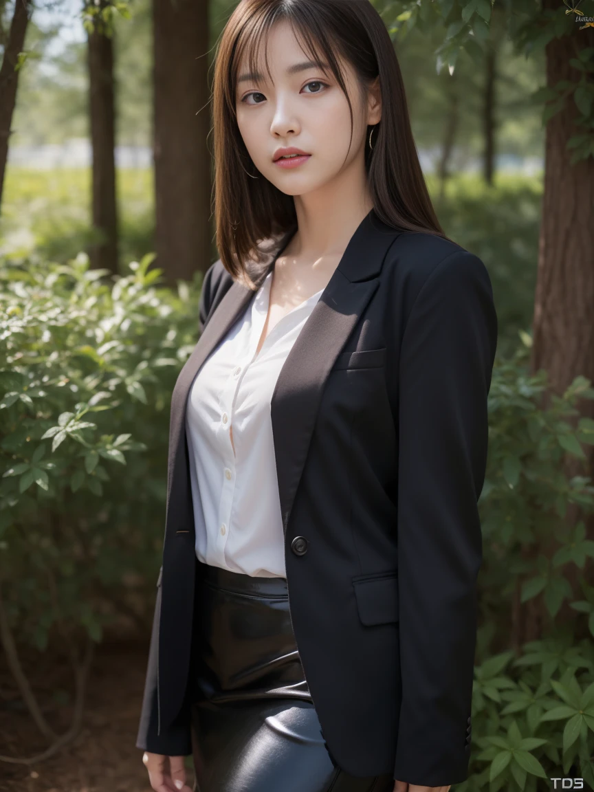 beautfull Japanease woman, top-quality, masterpiece, 1girl in, 美丽的面容, (photographrealistic:1.3), Rim lighting, (High Detail Skins:1.2), 8K UHD, Digital SLR, hightquality, hight resolution, 4K, 8K, bokeh dof, (realisitic:1.3), Wearing a black formal blazer, ample breasts, a short skirt, (Transparent blouse:1.1),