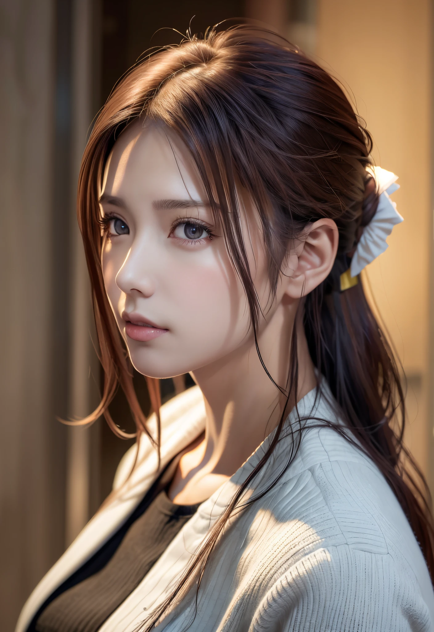 8K, of the highest quality, masutepiece:1.2), (Realistic, Photorealsitic:1.37), of the highest quality, masutepiece, Beautiful young woman, Pensive expression, Thoughtful look, Female doctor, Hair tied back, Cinematic background, Light skin tone