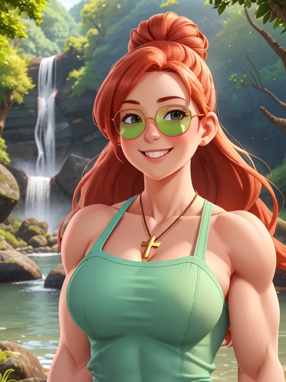 attractive welsh woman, ripped muscle, muscular body, pale skin, smile(blush), sundress, sunglasses on forehead, cross pendant, sixpack abs, [ultra detailed skin:1.2], ginger hair, green eyes, hair bun, 8k uhd, full body, crowd, public, forest, waterfall, standing,