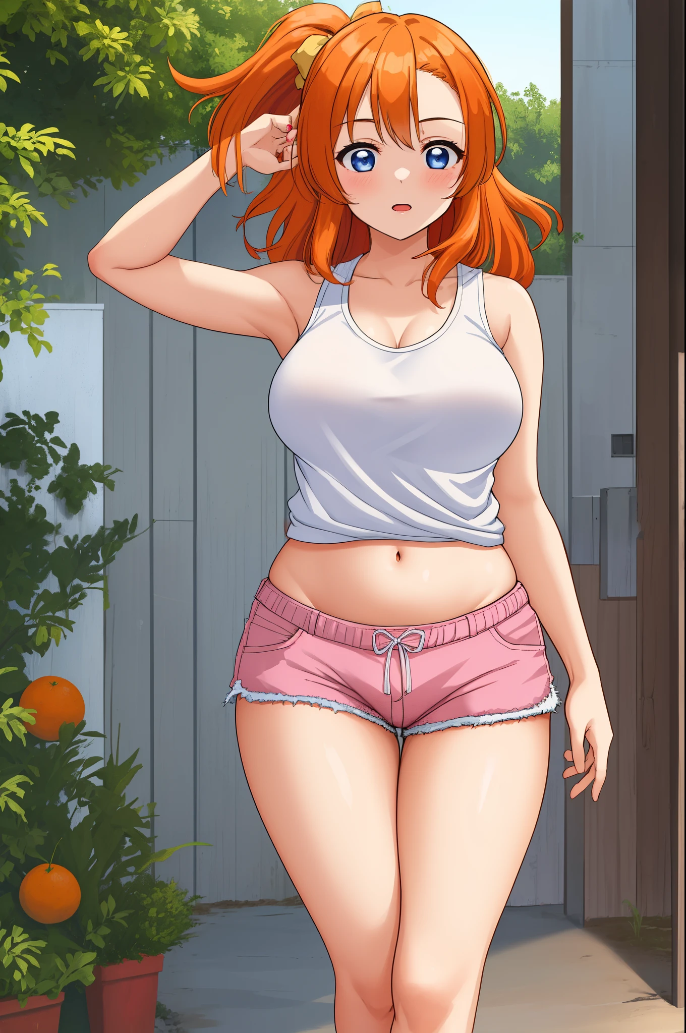 Masterpiece,beautiful female model, cowboy shot 30years old girl,Kousaka honoka, long hair, pink hot shorts, white tank top, walking, outdoors,thicc legs,big breasts,navel, orange hair