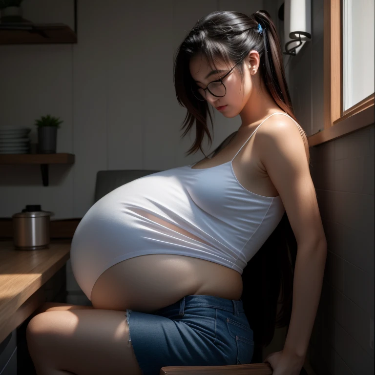 Pregnant woman in the kitchen，Pots and pans on the stove, Guviz style artwork, A masterpiece by Guwitz, guweiz, Beautiful digital artwork, guweiz on artstation pixiv, be  pregnant, by Ross Tran, A beautiful artistic illustration, Pregnant tummy,eye glass，eye glass，A look of pain，horse tailed，horse tailed，horse tailed，ponytail haircut， guweiz on pixiv artstation