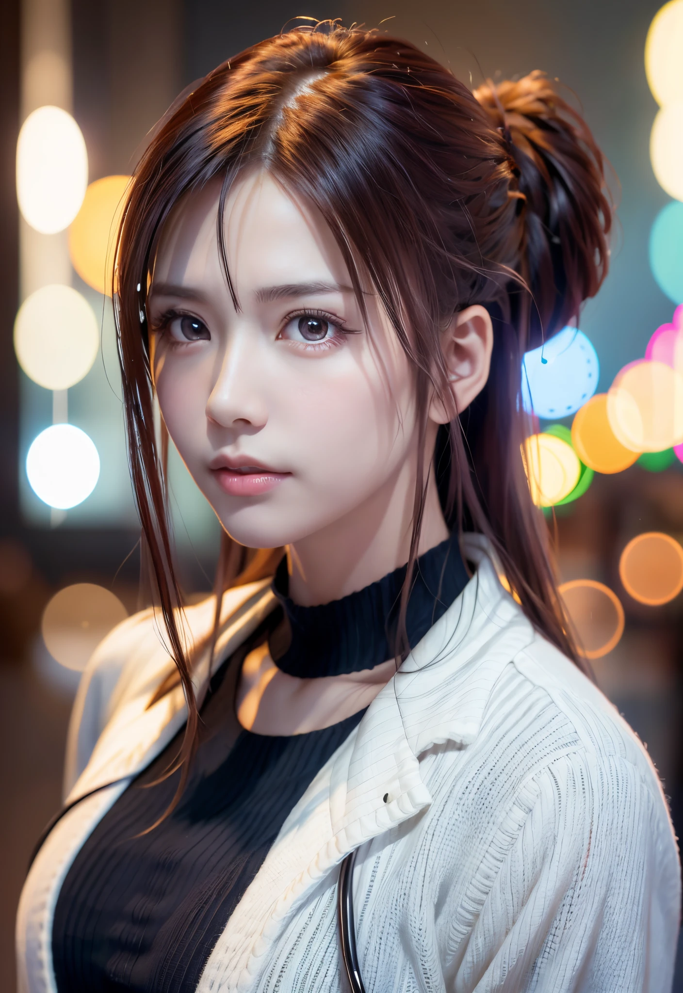 8K, of the highest quality, masutepiece:1.2), (Realistic, Photorealsitic:1.37), of the highest quality, masutepiece, Beautiful young woman, Pensive expression, Thoughtful look, Female doctor, Hair tied back, Cinematic background, Light skin tone