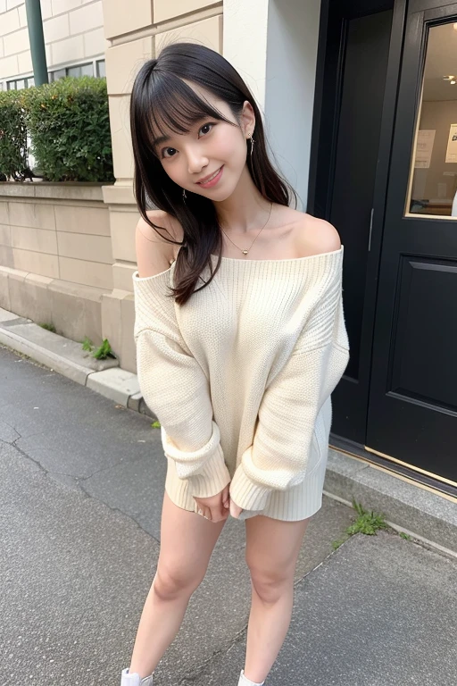 Best quality at best, 超高分辨率, (realisticlying:1.4), 1 girl in, tall nose bridge, Medium hair, (external bounce), Sagging bangs, , (tight sweater), (Off the shoulder style), (Tong), ssmile, (natural makeup), shot from far away, (Full body photo), (M-shaped legeds,